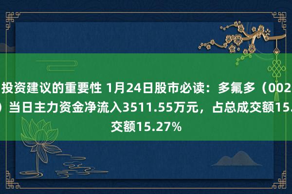 投资建议的重要性 1月24日股市必读：多氟多（002407）当日主力资金净流入3511.55万元，占总成交额15.27%